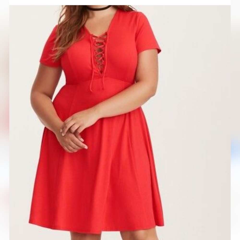Torrid Red Lace Up V-Neck Skater‎ Dress Short Sleeve Plus Size Knit Flare